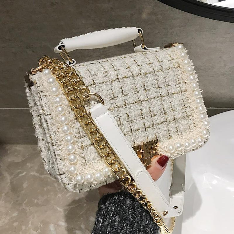 Fashion New Female Square Tote bag Quality Woolen Pearl Women&