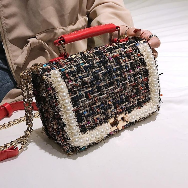Fashion New Female Square Tote bag Quality Woolen Pearl Women&