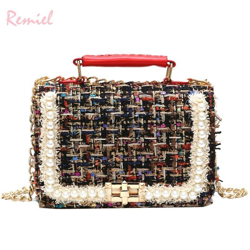 Fashion New Female Square Tote bag Quality Woolen Pearl Women&