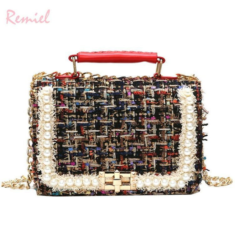 Fashion New Female Square Tote bag Quality Woolen Pearl Women&