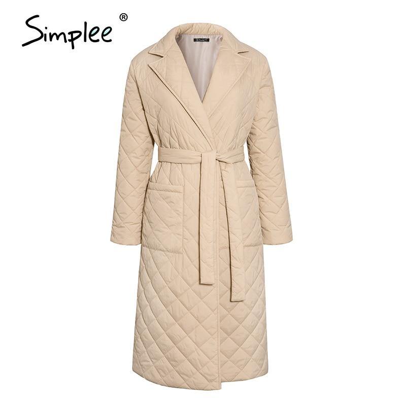 Simplee Long straight winter coat with rhombus pattern Casual sashes - foxberryparkproducts