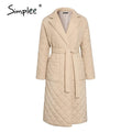 Simplee Long straight winter coat with rhombus pattern Casual sashes - foxberryparkproducts