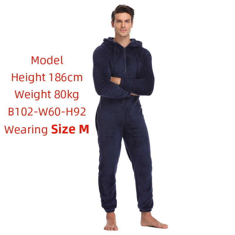 Men Warm Teddy Fleece Onesie Fluffy Sleep Lounge Adult Sleepwear One Piece Pyjamas Male Jumpsuits Hooded Onesies For Adult Men - foxberryparkproducts