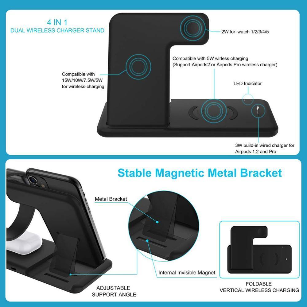 15W Qi Fast Wireless Charger Stand For iPhone 11 XR X 8 Apple Watch 4 in 1 Foldable Charging Dock Station - foxberryparkproducts