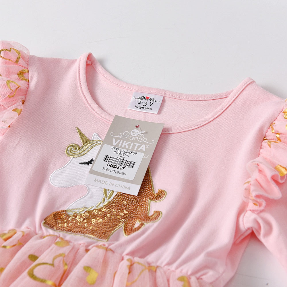 VIKITA Girls Princess Dress Unicorn Sequins Long Sleeve Autumn Dress Kids Birthday Party Wedding Tulle Dresses Children Clothing - foxberryparkproducts