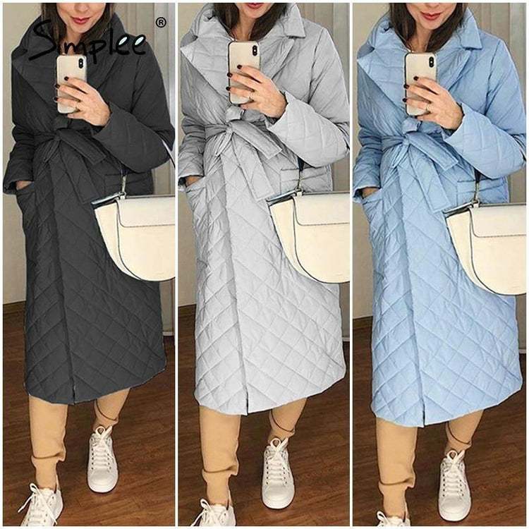 Simplee Long straight winter coat with rhombus pattern Casual sashes - foxberryparkproducts