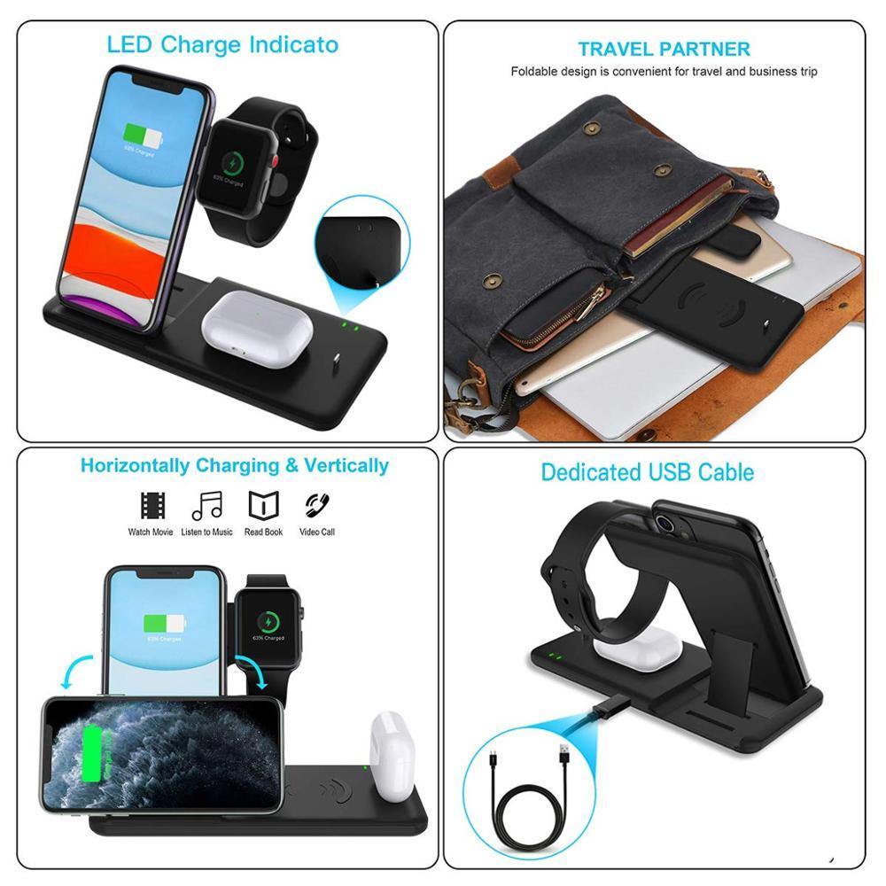 15W Qi Fast Wireless Charger Stand For iPhone 11 XR X 8 Apple Watch 4 in 1 Foldable Charging Dock Station - foxberryparkproducts