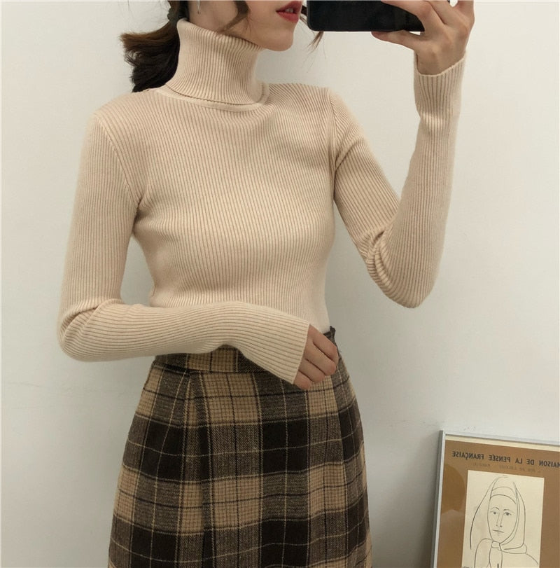 Women Turtleneck Sweaters Autumn Winter Korean Slim Pullover Women Basic Tops Casual Soft Knit Sweater Soft Warm Jumper - foxberryparkproducts
