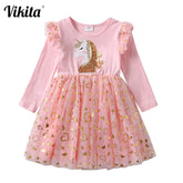 VIKITA Girls Princess Dress Unicorn Sequins Long Sleeve Autumn Dress Kids Birthday Party Wedding Tulle Dresses Children Clothing - foxberryparkproducts