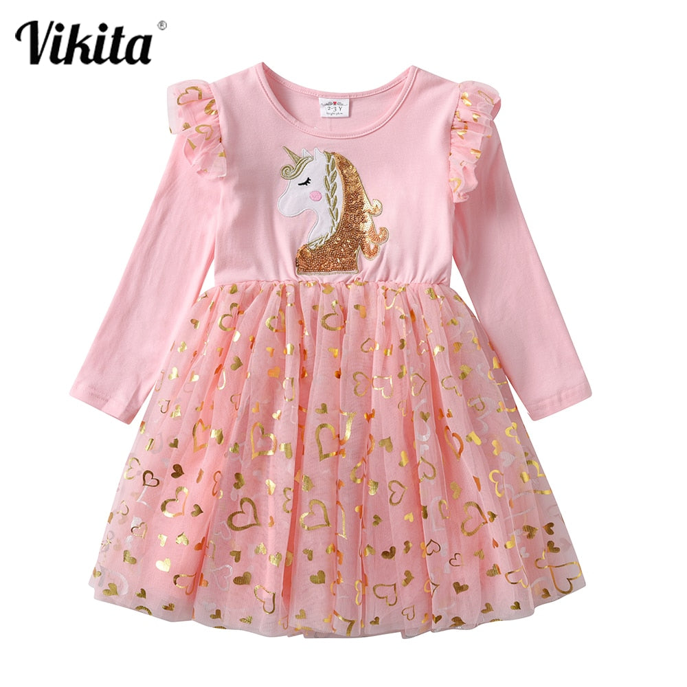 VIKITA Girls Princess Dress Unicorn Sequins Long Sleeve Autumn Dress Kids Birthday Party Wedding Tulle Dresses Children Clothing - foxberryparkproducts