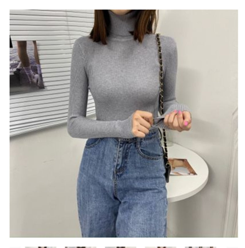 Women Turtleneck Sweaters Autumn Winter Korean Slim Pullover Women Basic Tops Casual Soft Knit Sweater Soft Warm Jumper - foxberryparkproducts