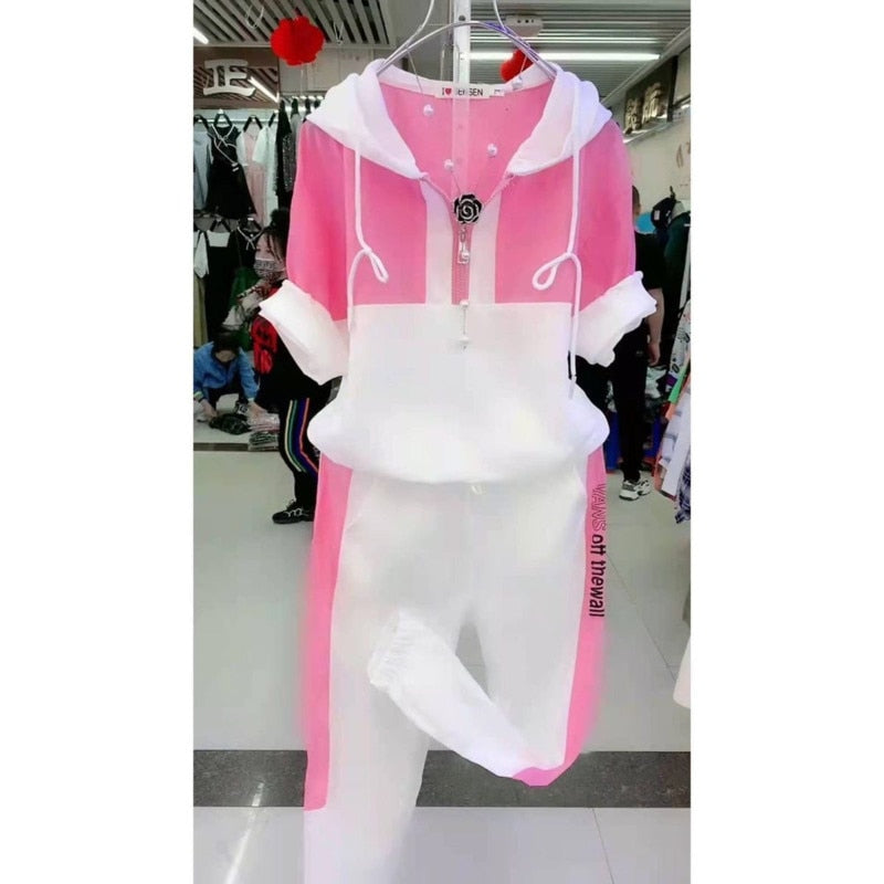 2023 Summer New Women Tracksuit Loose Fashion Casual Short Sleeve Hooded Top Pants