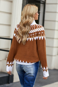 Winter Women Brown Apricot High Neck Printed Knit Sweater - foxberryparkproducts