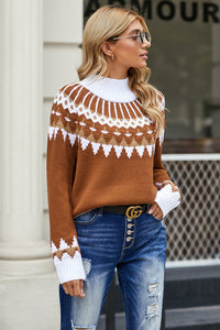 Winter Women Brown Apricot High Neck Printed Knit Sweater - foxberryparkproducts