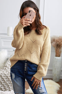 Women's Khaki Hollow-out Round Neck Knitted Sweater - foxberryparkproducts