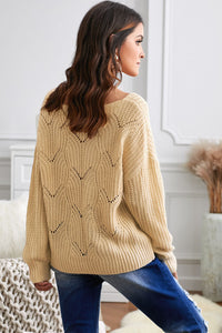 Women's Khaki Hollow-out Round Neck Knitted Sweater - foxberryparkproducts
