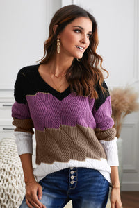 Women's Black Colorblock V Neck Textured Knit Sweater - foxberryparkproducts