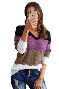 Women's Black Colorblock V Neck Textured Knit Sweater - foxberryparkproducts