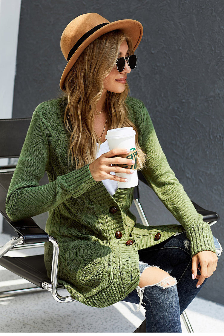 Green Front Pocket and Buttons Closure Cardigan - foxberryparkproducts