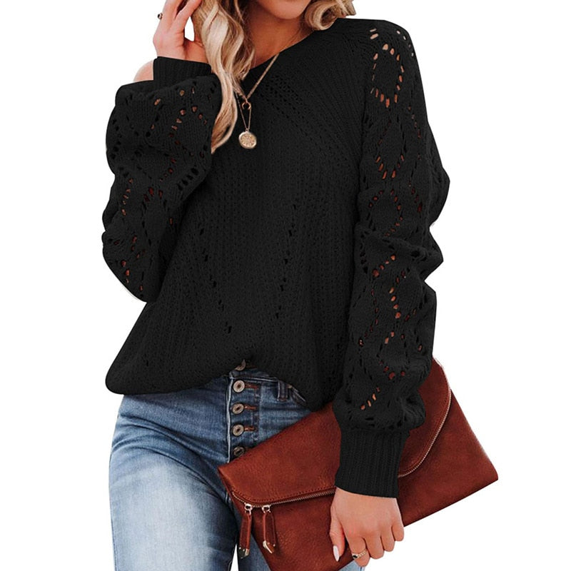 Lantern Sleeve Knitted Sweater Woman Autumn Winter Hollow Out Sweater - foxberryparkproducts