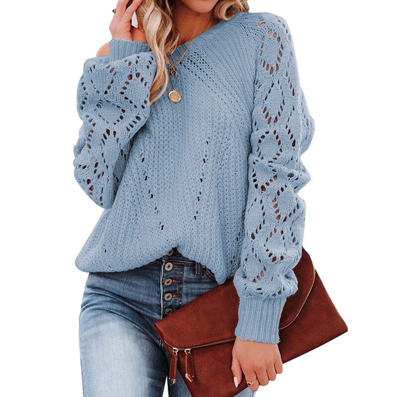 Lantern Sleeve Knitted Sweater Woman Autumn Winter Hollow Out Sweater - foxberryparkproducts