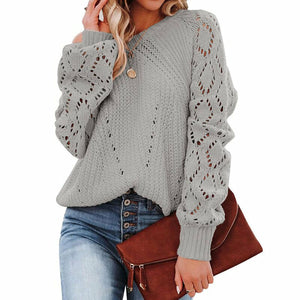 Lantern Sleeve Knitted Sweater Woman Autumn Winter Hollow Out Sweater - foxberryparkproducts