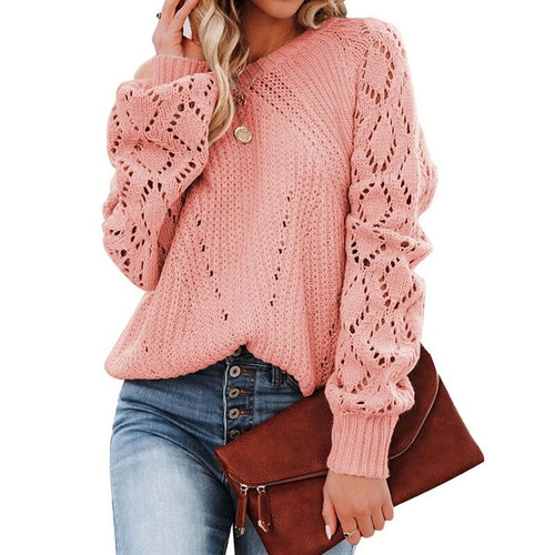 Lantern Sleeve Knitted Sweater Woman Autumn Winter Hollow Out Sweater - foxberryparkproducts