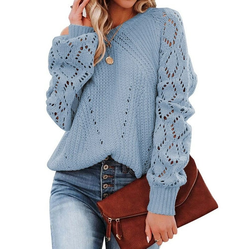 Lantern Sleeve Knitted Sweater Woman Autumn Winter Hollow Out Sweater - foxberryparkproducts