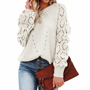 Lantern Sleeve Knitted Sweater Woman Autumn Winter Hollow Out Sweater - foxberryparkproducts