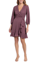 Load image into Gallery viewer, London Times Plum Wine Faux Wrap Style Long Sleeve Dress - foxberryparkproducts
