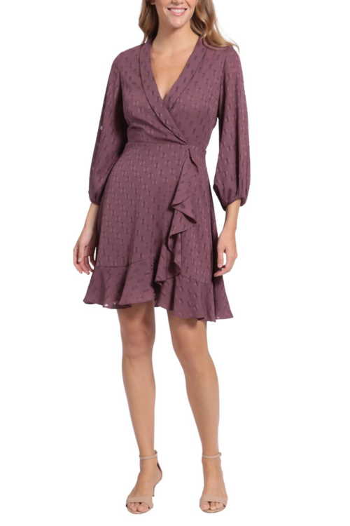 London Times Plum Wine Faux Wrap Style Long Sleeve Dress - foxberryparkproducts