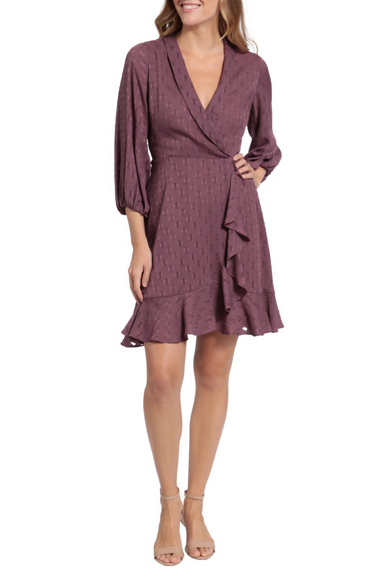 London Times Plum Wine Faux Wrap Style Long Sleeve Dress - foxberryparkproducts