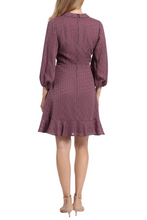 Load image into Gallery viewer, London Times Plum Wine Faux Wrap Style Long Sleeve Dress - foxberryparkproducts
