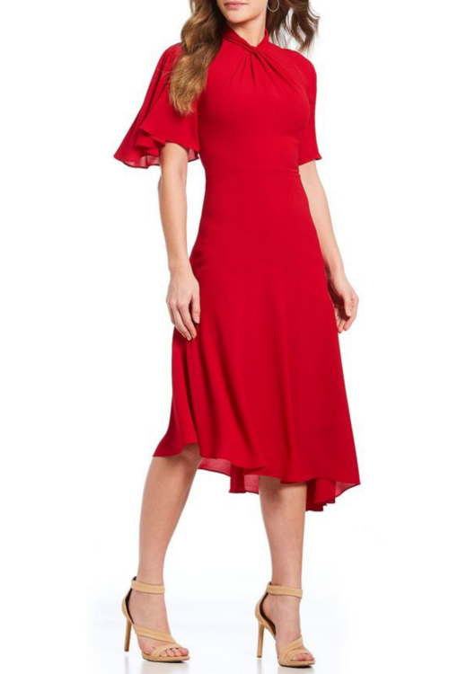 Maggy London Salsa Red Twist Mock Neck Short Flutter Sleeve Midi Dress - foxberryparkproducts