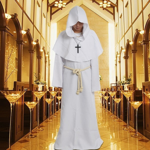 Medieval Costume Men Women Vintage Renaissance Monk Friar Priest Halloween Hooded Robe Dress - foxberryparkproducts