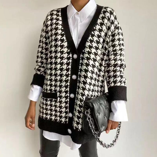 Women Button Black Houndstooth Cardigan - foxberryparkproducts