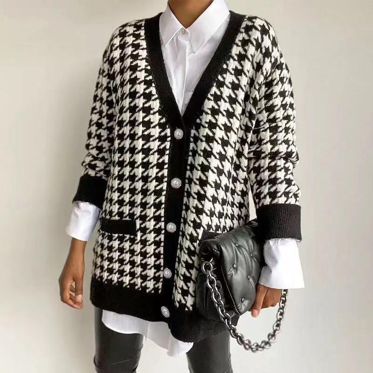 Women Button Black Houndstooth Cardigan - foxberryparkproducts