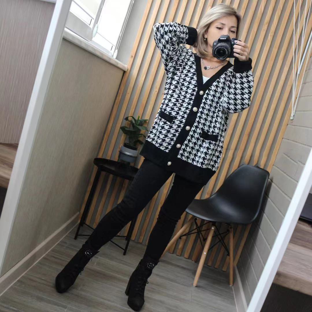 Women Button Black Houndstooth Cardigan - foxberryparkproducts
