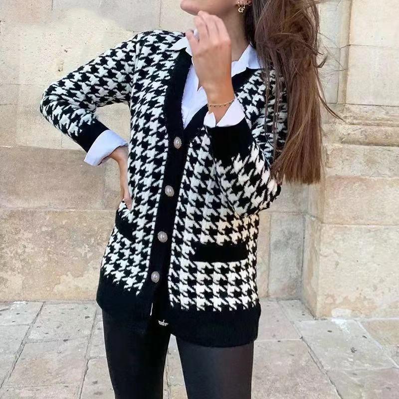 Women Button Black Houndstooth Cardigan - foxberryparkproducts