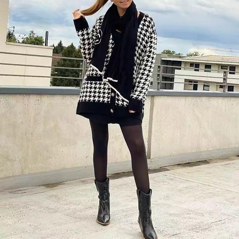 Women Button Black Houndstooth Cardigan - foxberryparkproducts