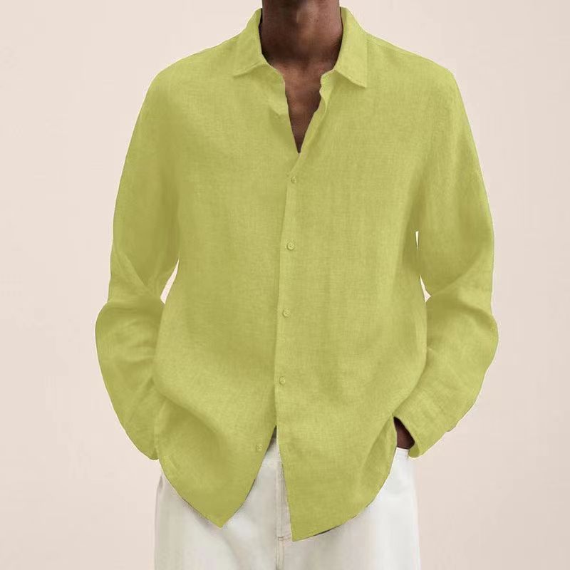 Spring Men Shirts Loose Linen Solid Long Sleeve Turn-Down Collar