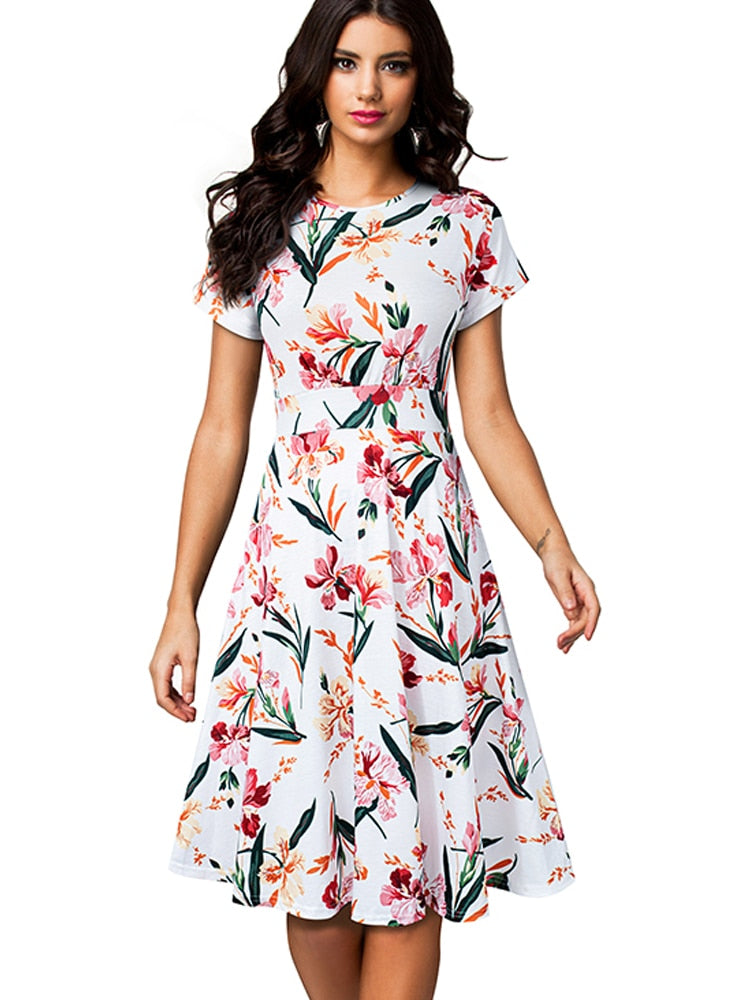 Nice-forever Vintage Elegant Floral Print Pleated Round neck dress - foxberryparkproducts