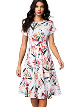 Nice-forever Vintage Elegant Floral Print Pleated Round neck dress - foxberryparkproducts