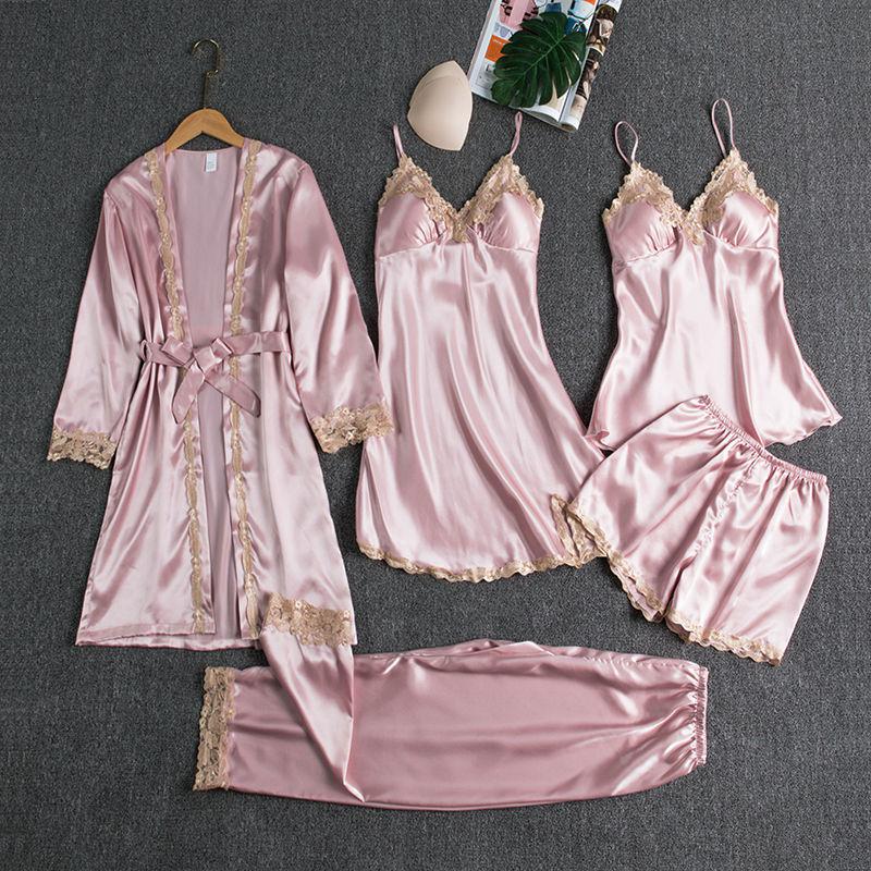 5PCS Sleepwear Female Pajamas Set Satin Pyjamamas Sexy Lace Patchwork - foxberryparkproducts
