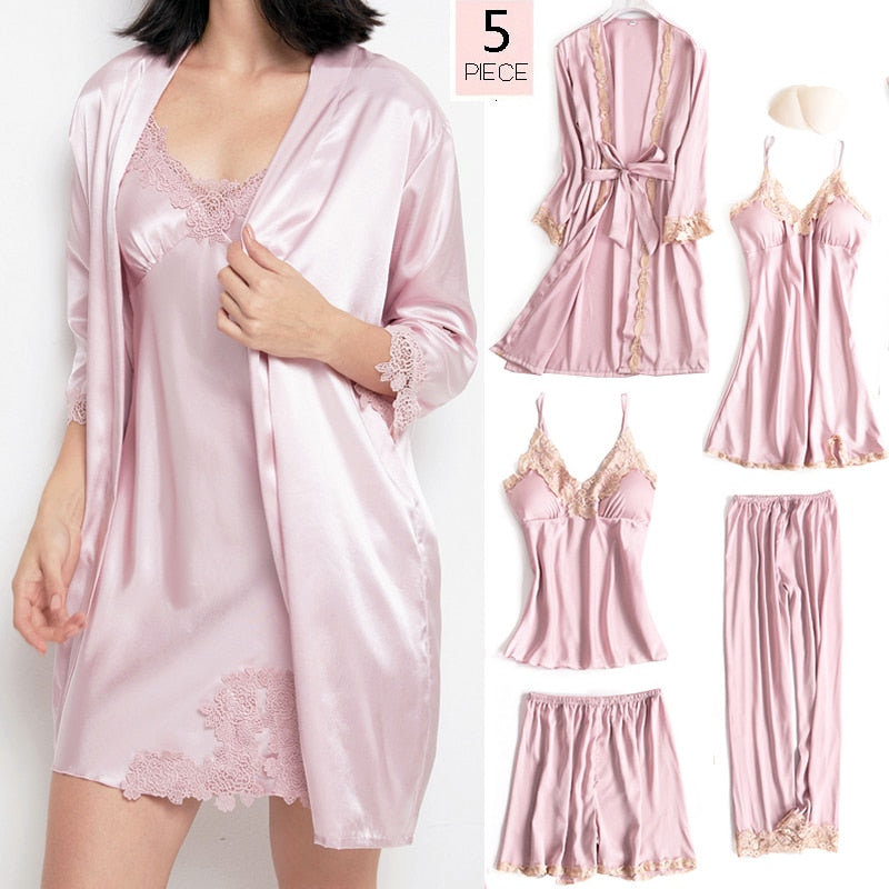 5PCS Sleepwear Female Pajamas Set Satin Pyjamamas Sexy Lace Patchwork - foxberryparkproducts