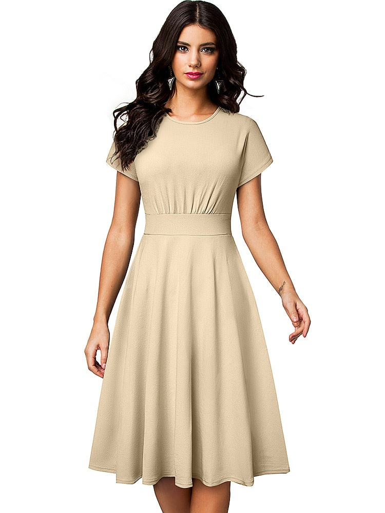 Nice-forever Vintage Elegant Floral Print Pleated Round neck dress - foxberryparkproducts