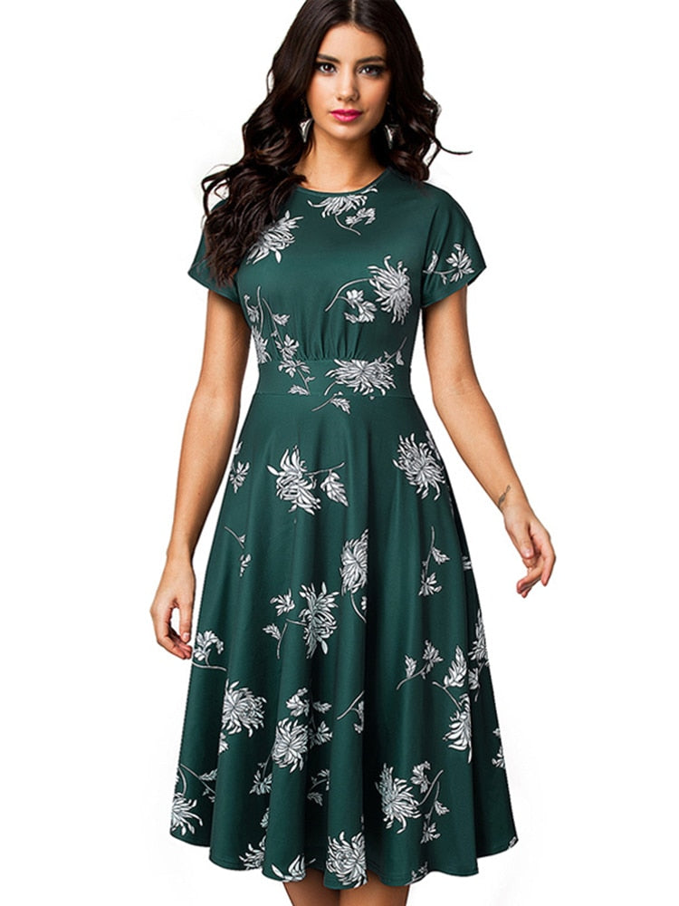 Nice-forever Vintage Elegant Floral Print Pleated Round neck dress - foxberryparkproducts