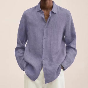 Spring Men Shirts Loose Linen Solid Long Sleeve Turn-Down Collar