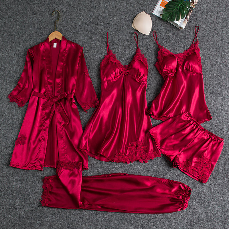 5PCS Sleepwear Female Pajamas Set Satin Pyjamamas Sexy Lace Patchwork - foxberryparkproducts