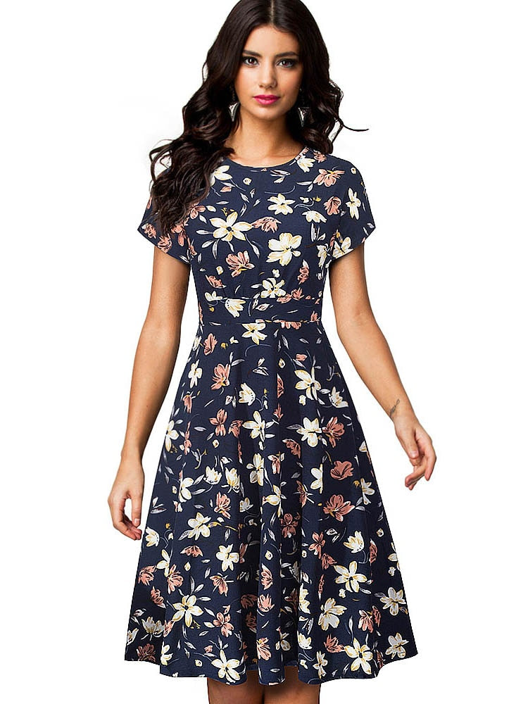 Nice-forever Vintage Elegant Floral Print Pleated Round neck dress - foxberryparkproducts